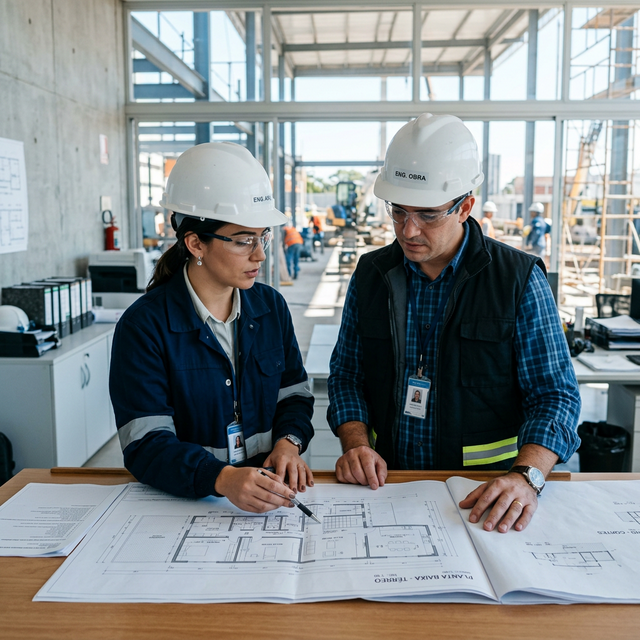 Engenheira e engenheiro conferindo a planta de uma obra no canteiro